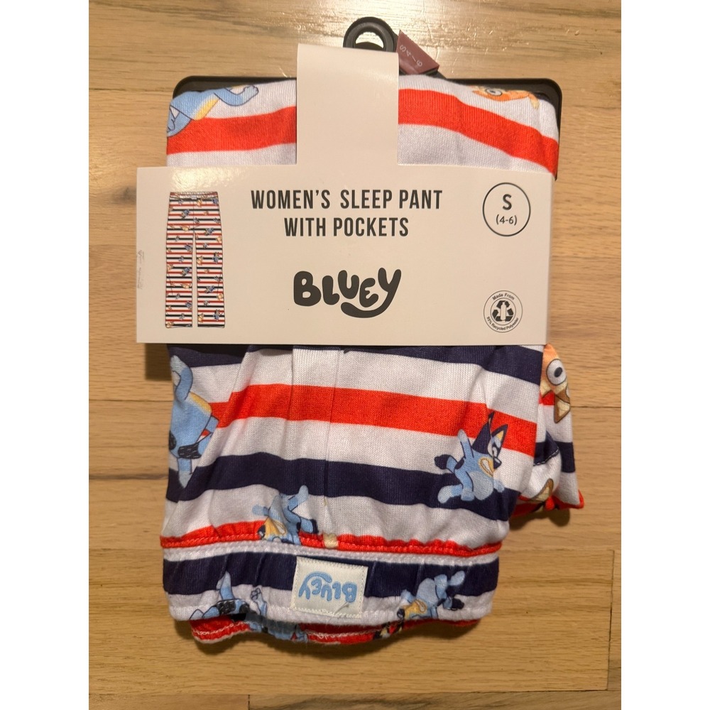 NWT Bluey Womens Sleep Pajama Pants Pockets Striped Red Navy White Small S 4-6